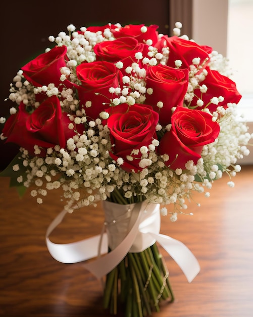 A classic bouquet of velvety red roses intermingled with sprays of white baby's breath