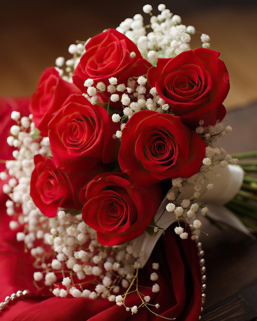 A classic bouquet of velvety red roses intermingled with sprays of white baby's breath