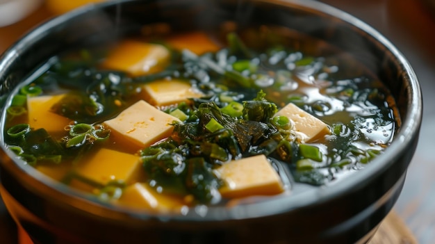 A classic bowl of miso soup with tofu and seaweed floating in a savory broth