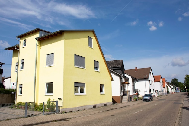 Classic building vintage style with landscape and cityscape and\
traffic road at sandhausen district and village in morning time in\
heidelberg germany