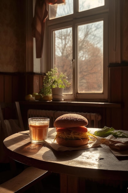 Classic burger in nature created with Generative AI technology