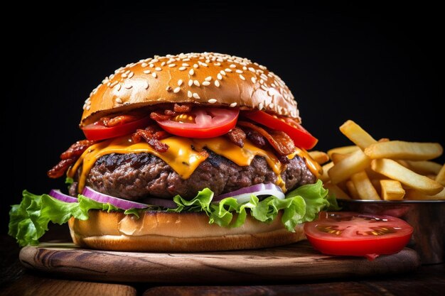 Classic Burger with French Fries and Ketchup