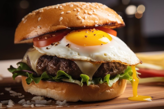 Classic burger with steamy bun juicy cheeses and fried egg on top created with generative ai