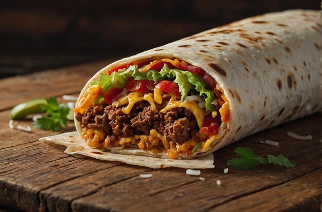 Classic burrito on a rustic wooden table