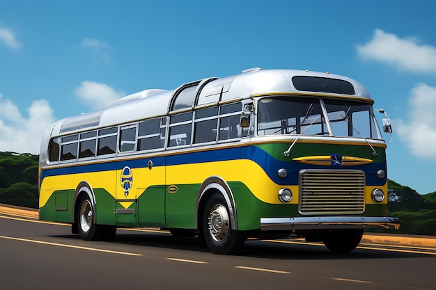 a classic bus painted in Brazil flag colors