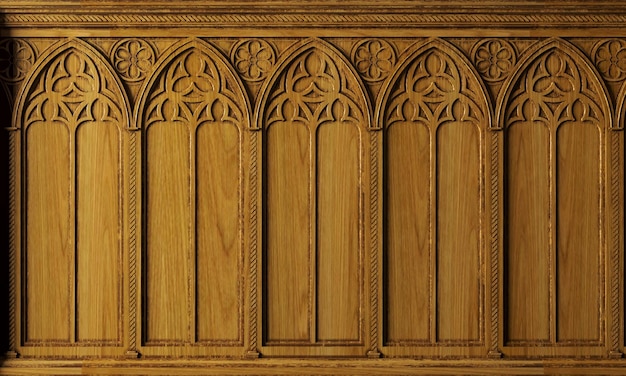 Classic cabinet or castle wall made of gothic wood paneling