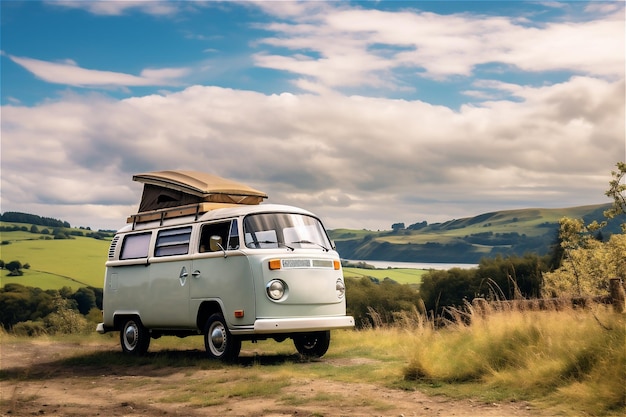 Classic campervan near seafront on blue sky background