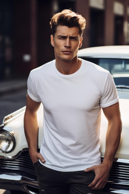 Classic Car Backdrop Mockup with Male Model in White TShirt