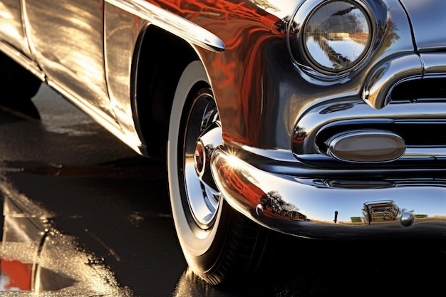 Classic car chrome details gleaming in sunlight