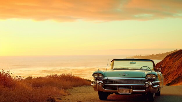 Photo classic car on coastal road at sunset resplendent