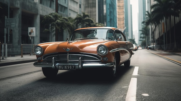 Classic car driving down busy street in modern city Al generated