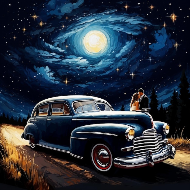 Classic Car Driving Under Starry Night Sky