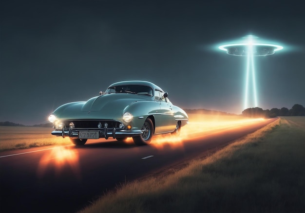 A classic car fleeing from an alien ship