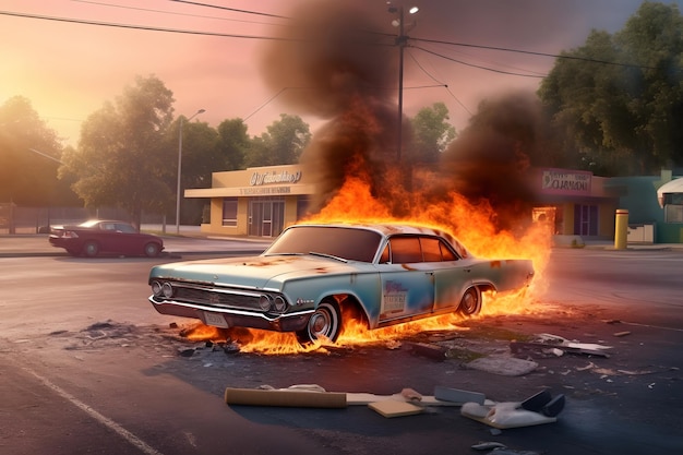 A classic car is on fire in a parking lot at summer evening Neural network generated in May 2023