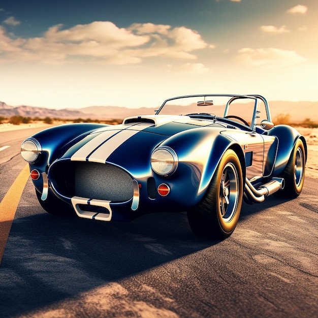 a classic car is parked on the road with the sun setting behind it