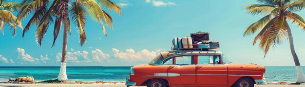 Photo a classic car packed with luggage signifies the start of an adventurous road trip