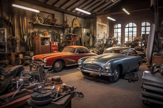 Classic car restoration workshop with spare parts and tools