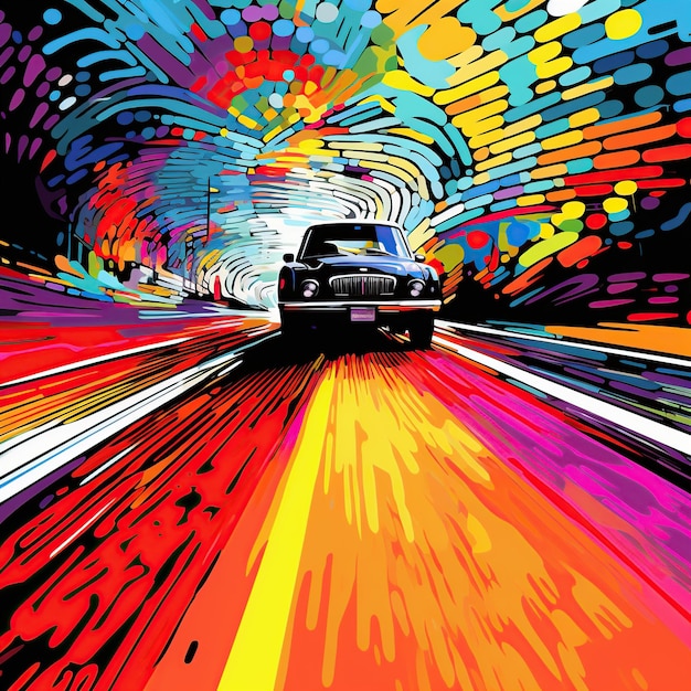 Classic car in retro pop art style on the city road ai generated image