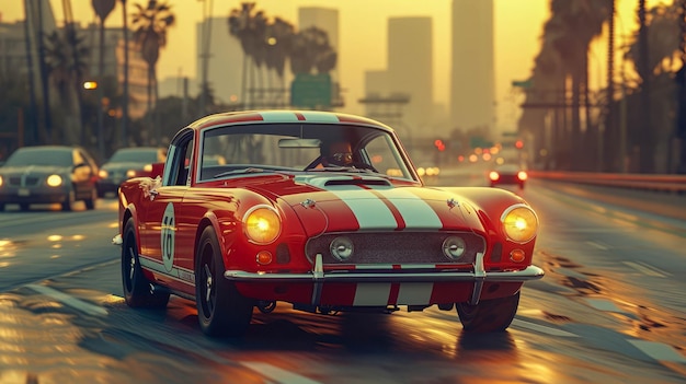 Classic car on the road in the city at sunset