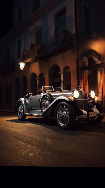 A classic car in the street at night