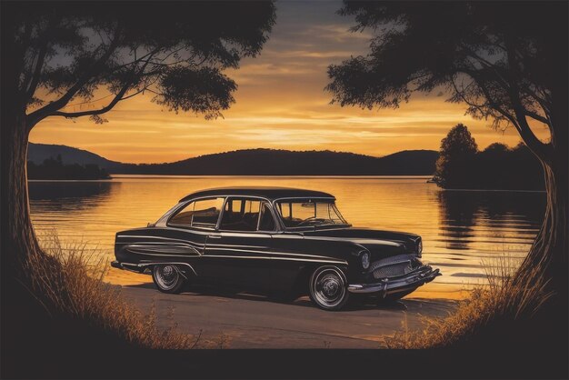 Photo classic car on the summer beach