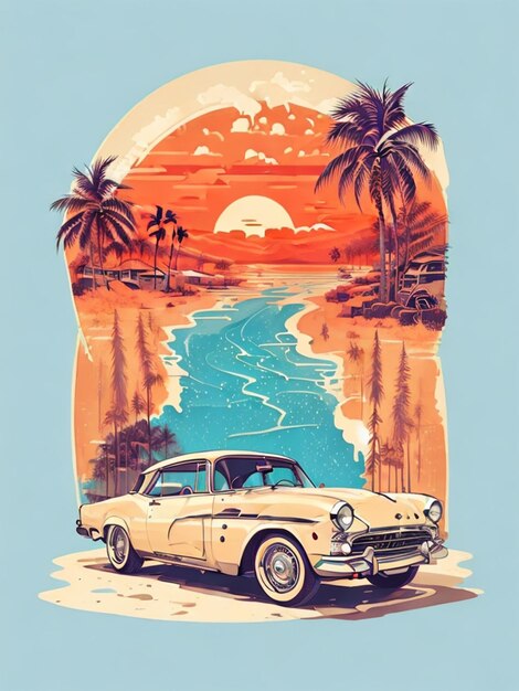 classic car vintage illustration with summer background