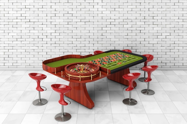 レンガの壁の前に椅子が付いている古典的なカジノのルーレットのテーブル。 3Dレンダリング。