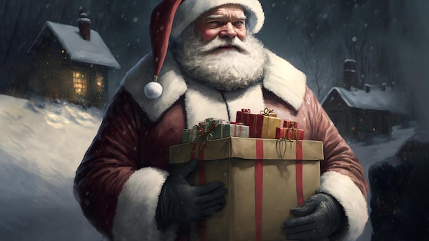 Classic caucasian santa claus holding large wrapped christmas\
gift box with many small boxes on top of it neural network\
generated art