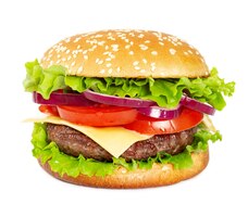 照片经典芝士汉堡和牛肉芝士培根生菜番茄洋葱和孤立在白色背景