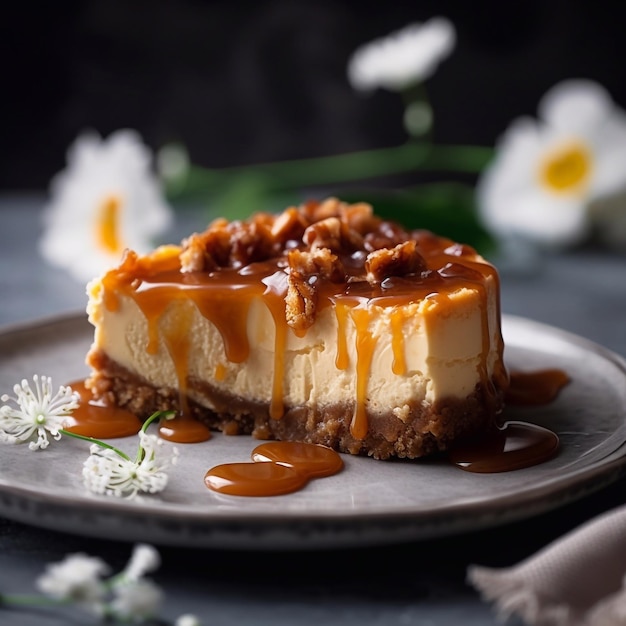 Classic cheesecake with caramel on a plate Generative AI