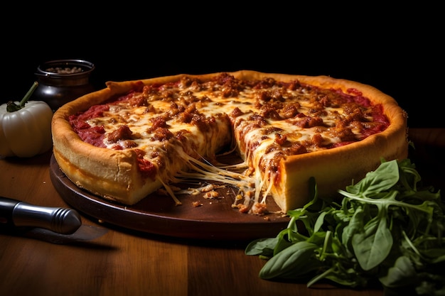 チーズの厚い層と充実したトッピングのクラシックなシカゴディップディッシュピザ