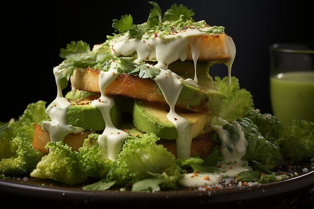 Classic Chicken Caesar Salad Dressing Giet Croutons en Peper op Zwarte achtergrond 463jpg