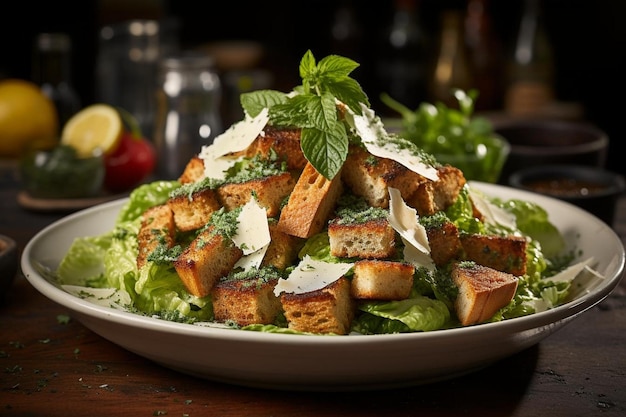 Classic Chicken Caesar Salad Dressing Pour Croutons and Pepper on Black Background 264jpg