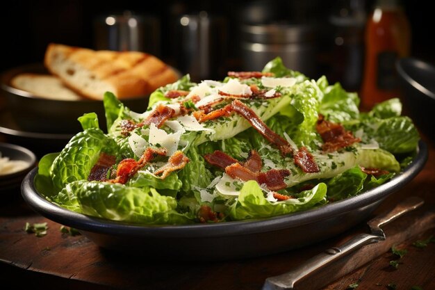 Classic Chicken Caesar Salad Dressing Pour Croutons and Pepper on Black Background 611jpg