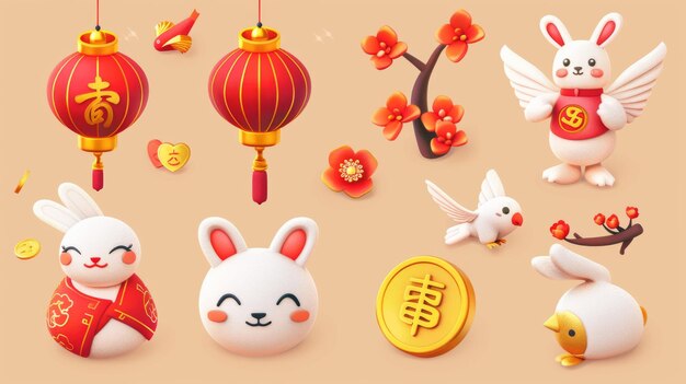 A classic Chinese element collection featuring gold coins sycees lanterns white rabbits flying swallows and plum blossom trees