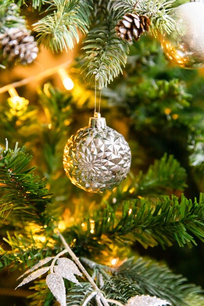 Classic christmas decorated new year tree christmas tree with wite and silver decorations ornaments ...