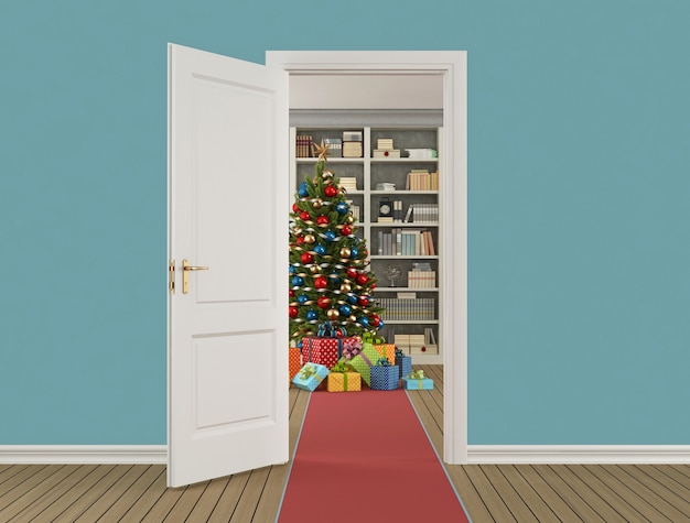 Classic christmas interior with open door and christmas tree