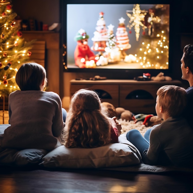 A classic Christmas movie playing on a screen with a family snuggled together evoking nostalgic tra