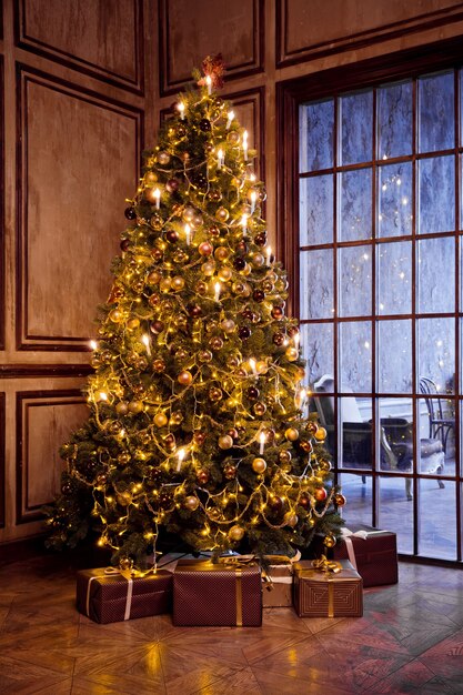 Classic christmas and New Year decorated interior room with presents and New year tree