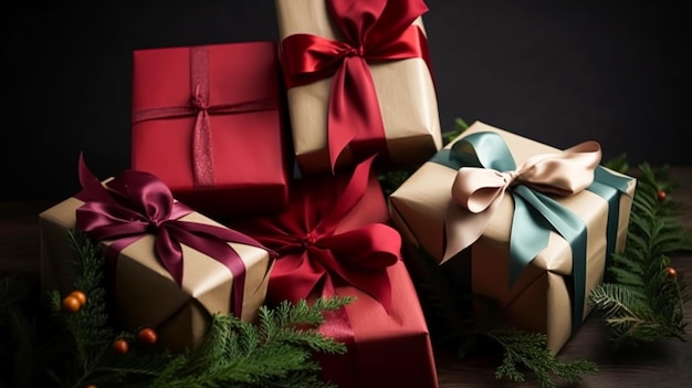 크리스마스 트리 박싱 데이 및 휴일 쇼핑 생성 ai 아래 클래식 크리스마스 선물 및 명절 선물 포장 선물 상자