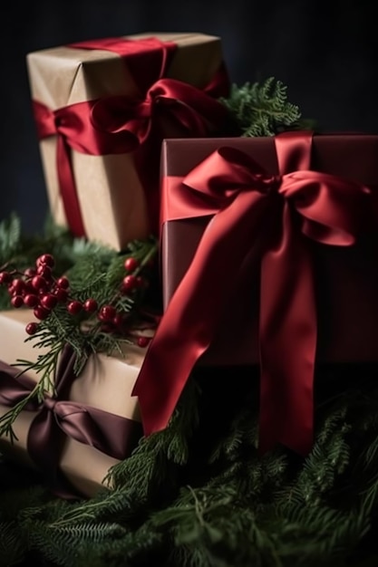 Classic Christmas presents and holiday gifts wrapped gift boxes under Christmas tree boxing day and holidays shopping generative ai