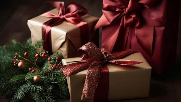 Classic Christmas presents and holiday gifts wrapped gift boxes under Christmas tree boxing day and holidays shopping postprocessed generative ai