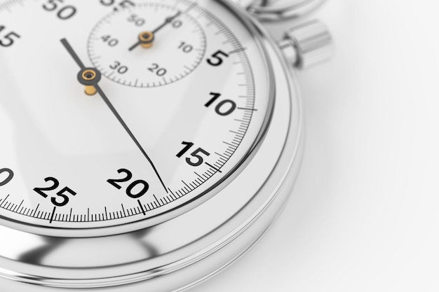 Classic chrome analog stopwatch close up 3d rendering