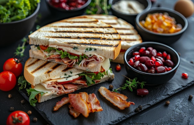 Foto classico panino da club con bacon, formaggio e pomodori abbinato ad olive e uova