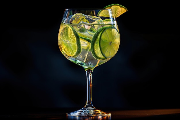 Классический коктейль джин с тоником в посуде с лимоном и розмарином на черном фоне