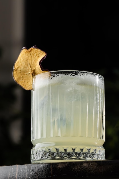 Classic cocktail glass on glass table in night club restaurant
alcohol cocktail drink garnish with apple chips closeup modern
alcoholic beverage