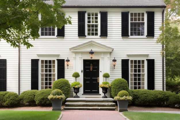 Classic colonial home with white shutters and black door created with generative ai