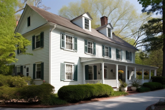 Classic colonial house with wraparound porch on shady street created with generative ai