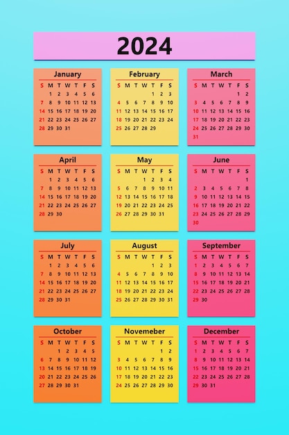 Classic colorful monthly calendar for 2024 Calendar in the style of minimalist square shape