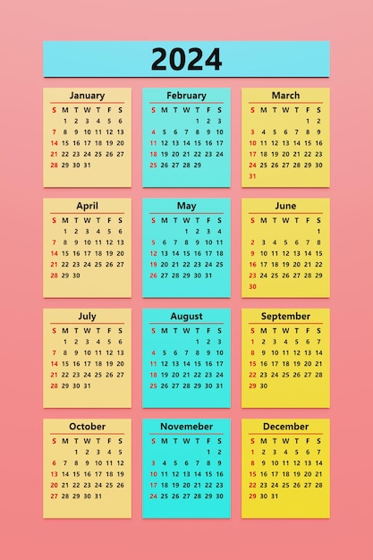 Classic colorful monthly calendar for 2024 Calendar in the style of minimalist square shape